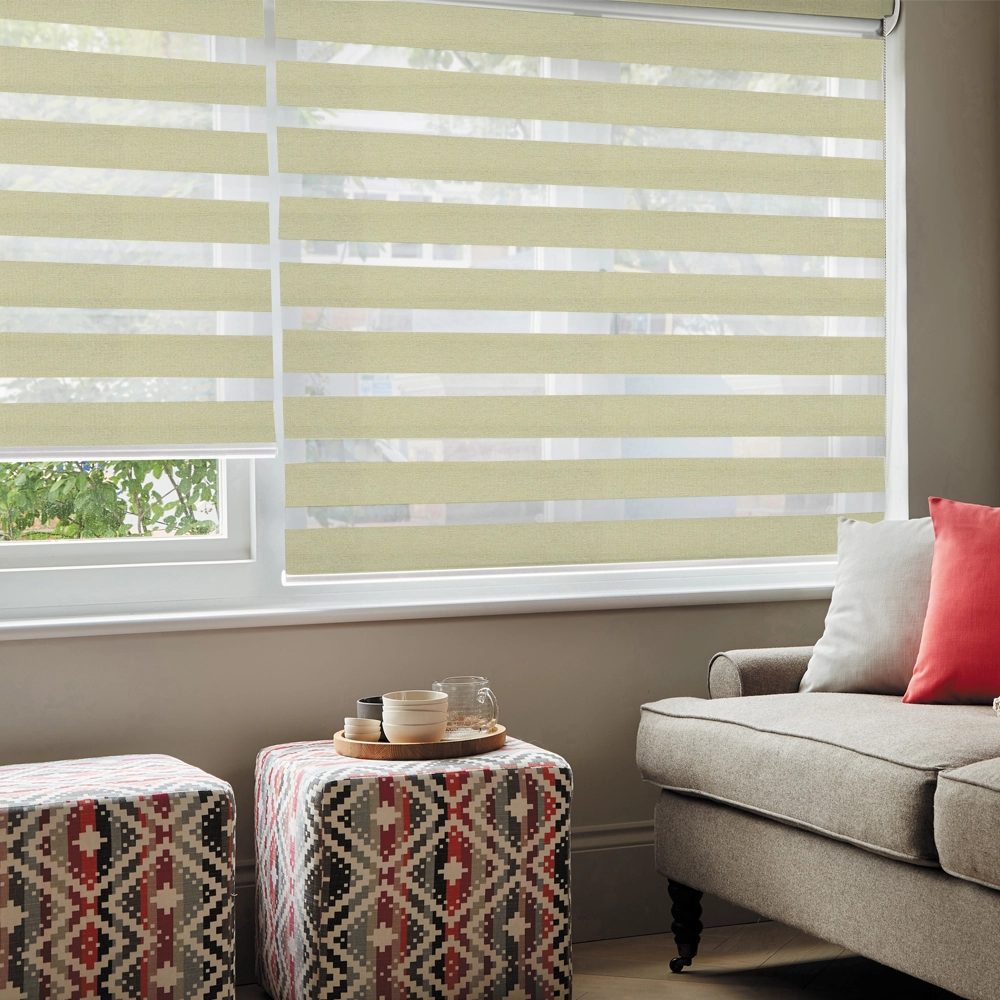Luxury Lustre Champagne Blackout Day and Night Blinds featuring premium blackout fabric, enhanced privacy and elegant sheer voile bands.