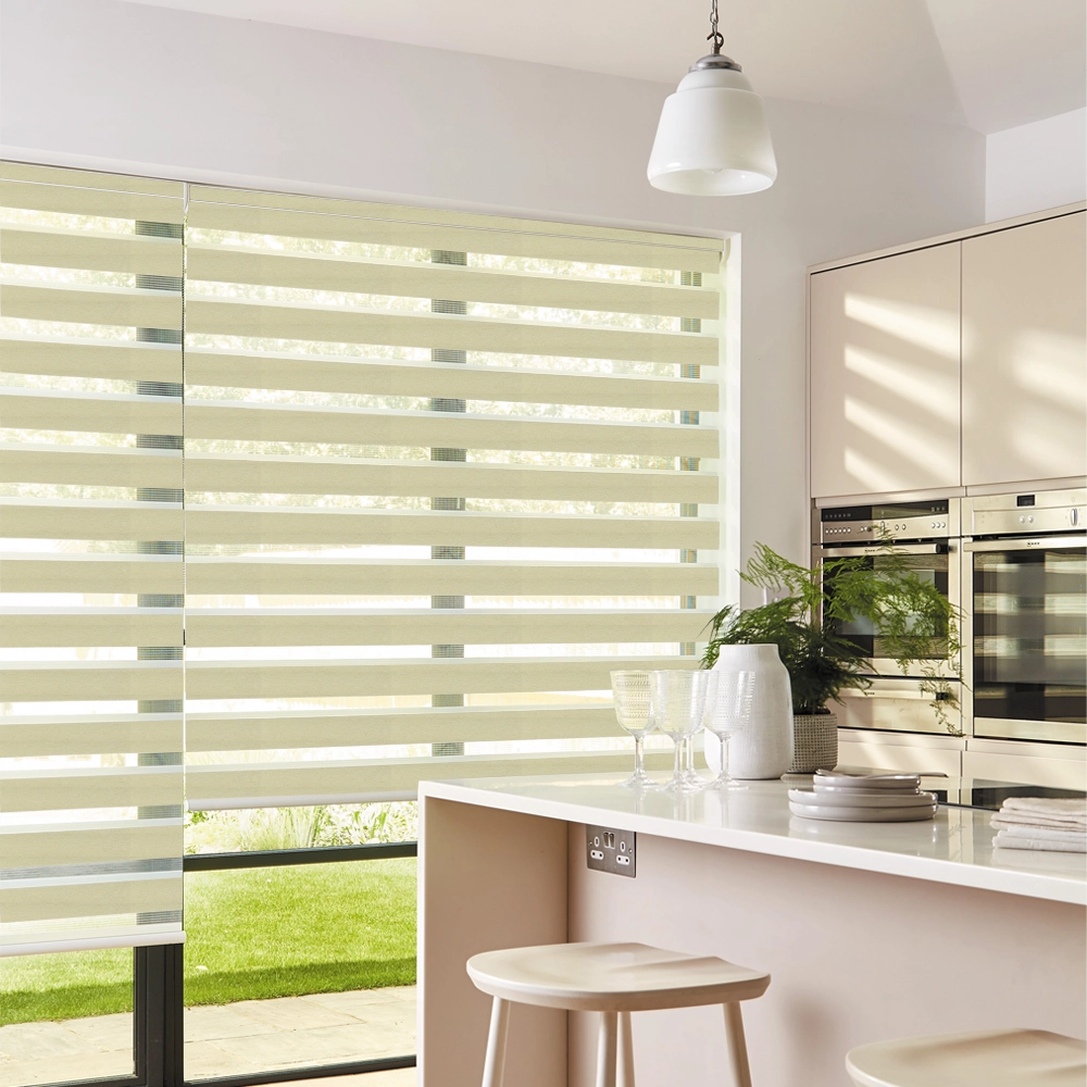Lustre Champagne Blackout Day and Night Roller Blinds providing room darkening and privacy for modern homes.