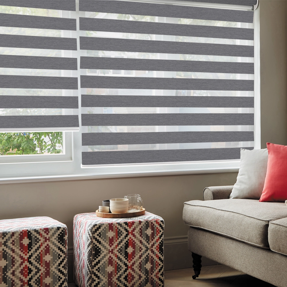 Luxury Lustre Charcoal Blackout Day and Night Blinds featuring premium blackout fabric, room darkening performance and elegant sheer voile bands.