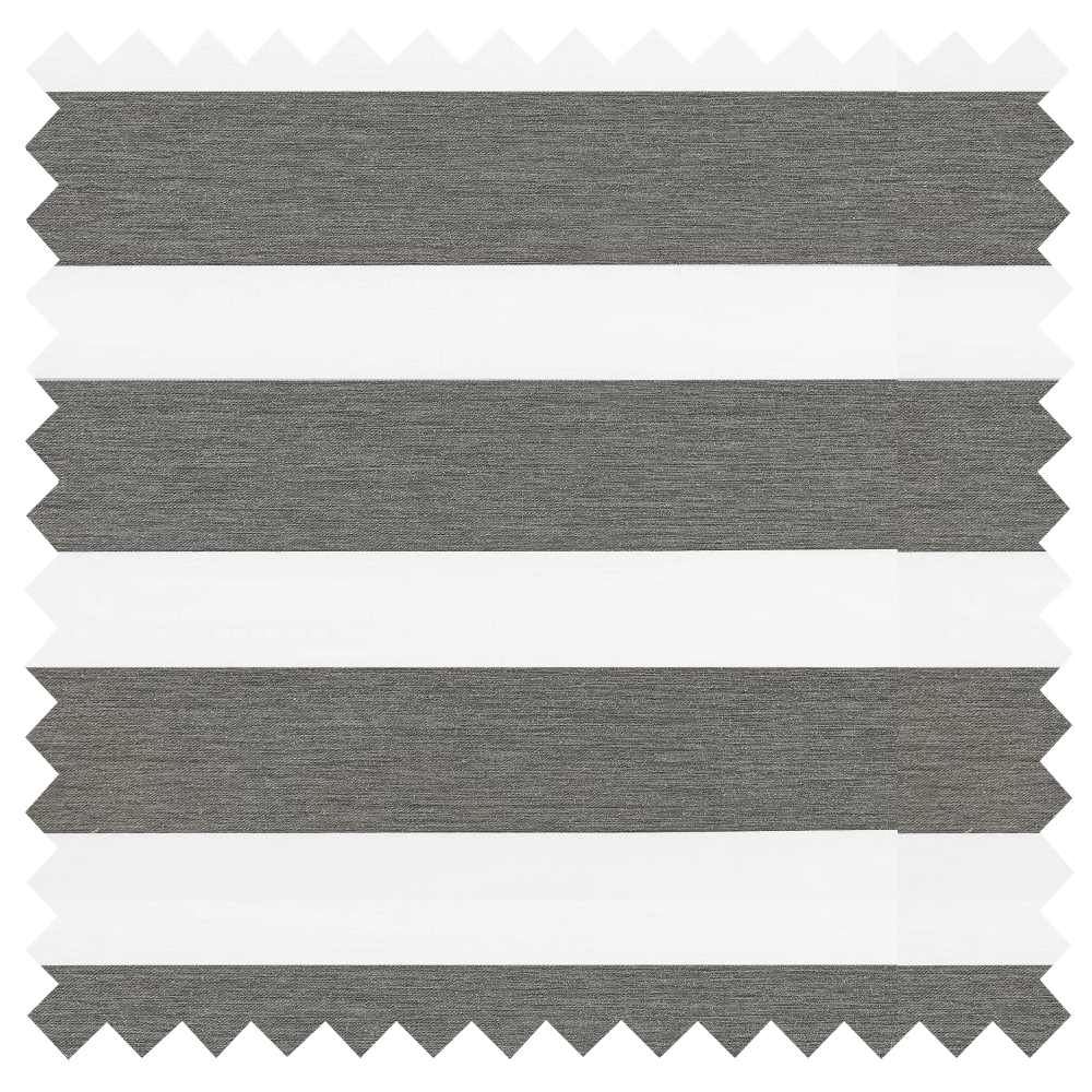 Made to measure Lustre Charcoal Blackout Day and Night Blinds featuring luxury blackout fabric and elegant sheer voile bands.