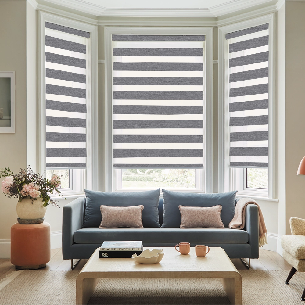Lustre Charcoal Blackout Day and Night Window Blinds designed to reduce glare and improve sleeping comfort.