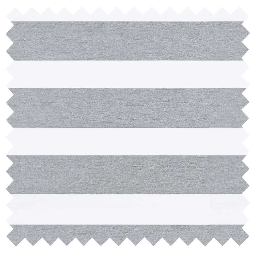 Made to measure Lustre Silver Blackout Day and Night Blinds featuring luxury blackout fabric and elegant sheer voile bands.