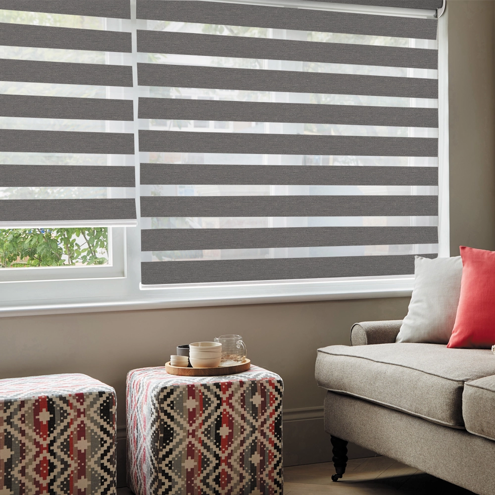 Luxury Lustre Zinc Blackout Day and Night Blinds featuring premium blackout fabric, glare reduction and modern room darkening performance.