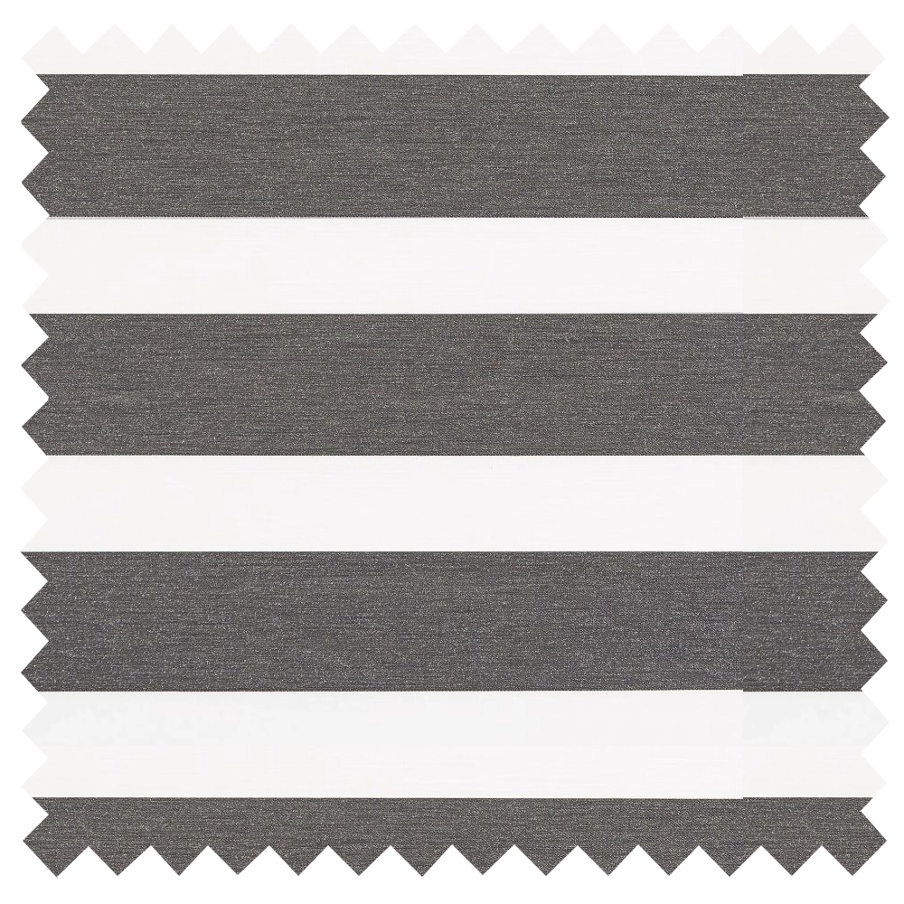 Made to measure Lustre Zinc Blackout Day and Night Blinds featuring luxury blackout fabric and elegant sheer voile bands.