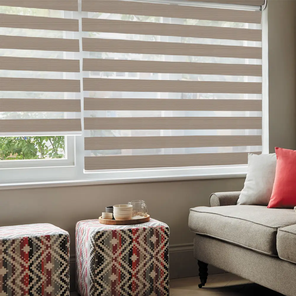 Verve Beige Textured Day and Night Blinds in a contemporary living room with elegant textured fabric styling.