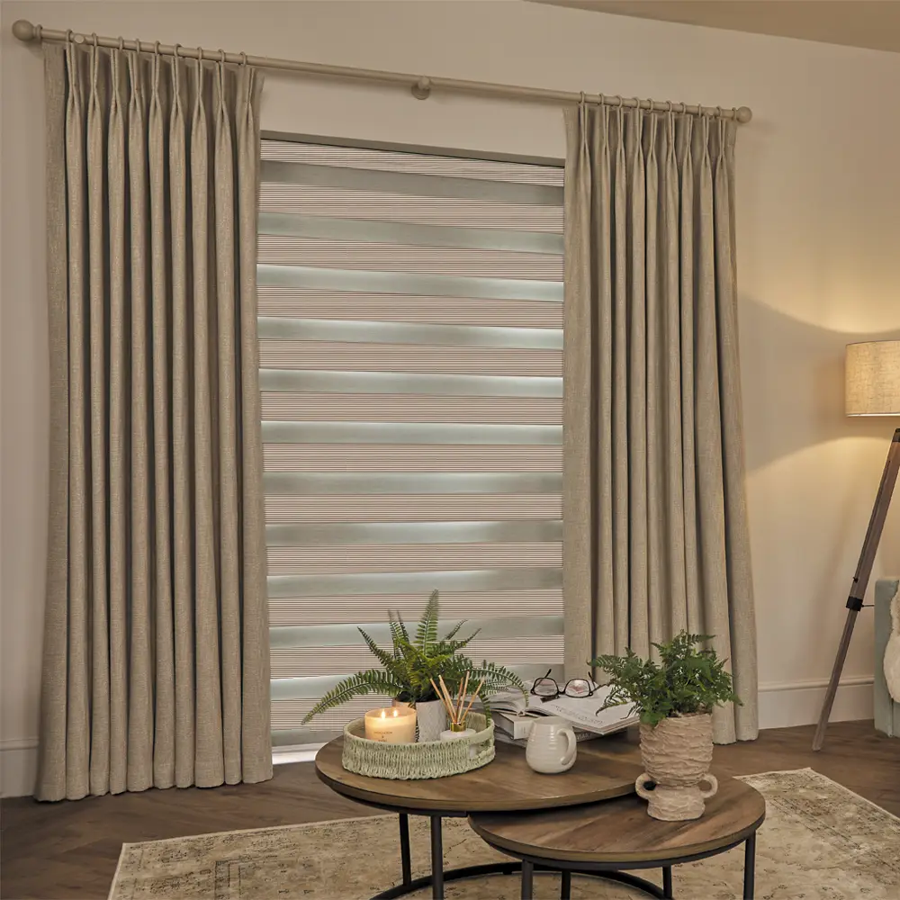 Made to measure Verve Beige Textured Day and Night Blinds with alternating textured fabric and sheer voile bands.