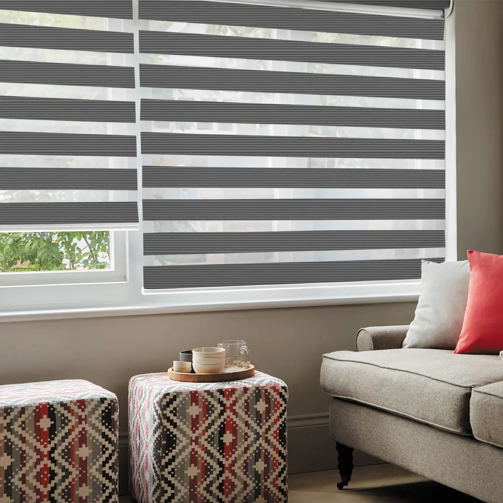 Verve Graphite Textured Day and Night Blinds in a contemporary living room with elegant textured fabric styling.