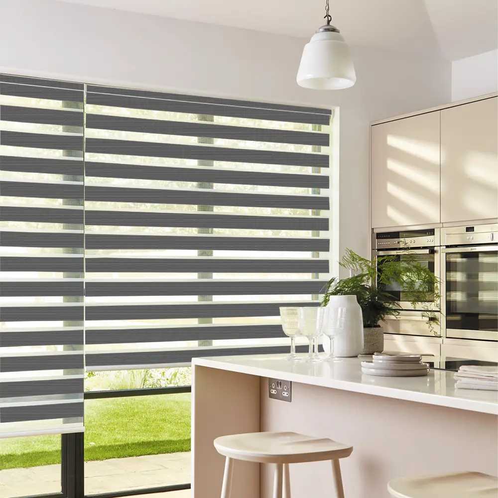 Verve Graphite Day and Night Roller Blinds fitted to a stylish residential window.