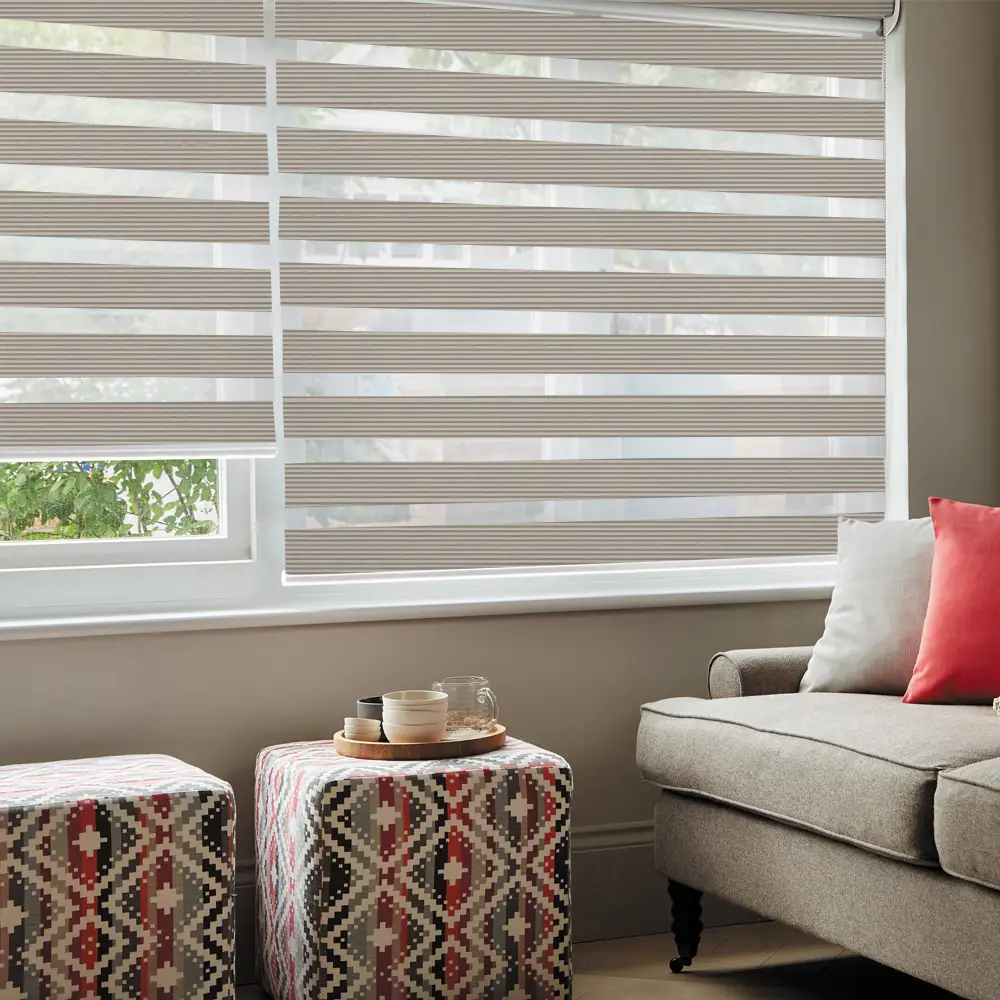 Verve Light Beige Textured Day and Night Blinds in a contemporary living room with elegant textured fabric styling.
