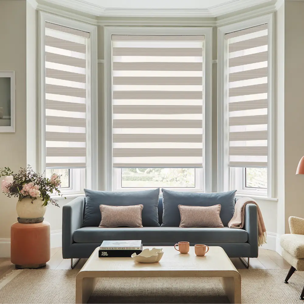Verve Light Beige Day and Night Window Blinds providing adjustable privacy and light control throughout the day.
