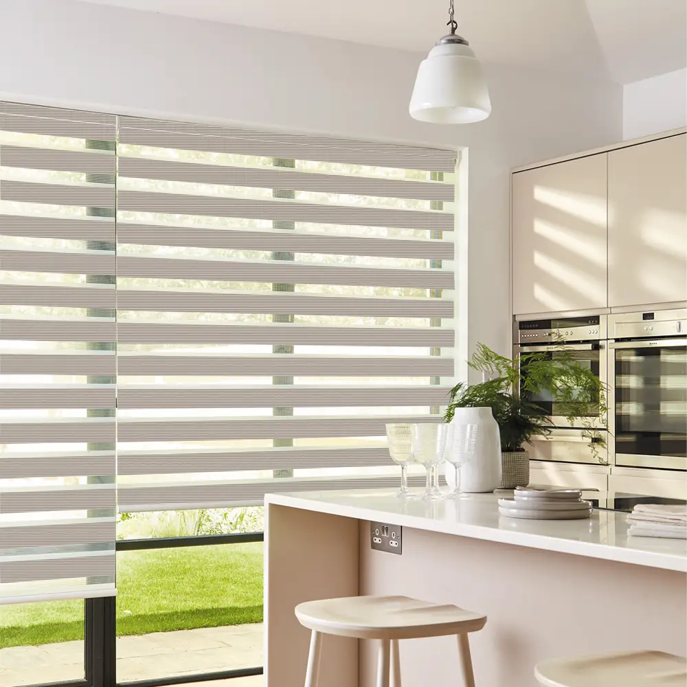Verve Light Beige Day and Night Roller Blinds fitted to a stylish residential window.