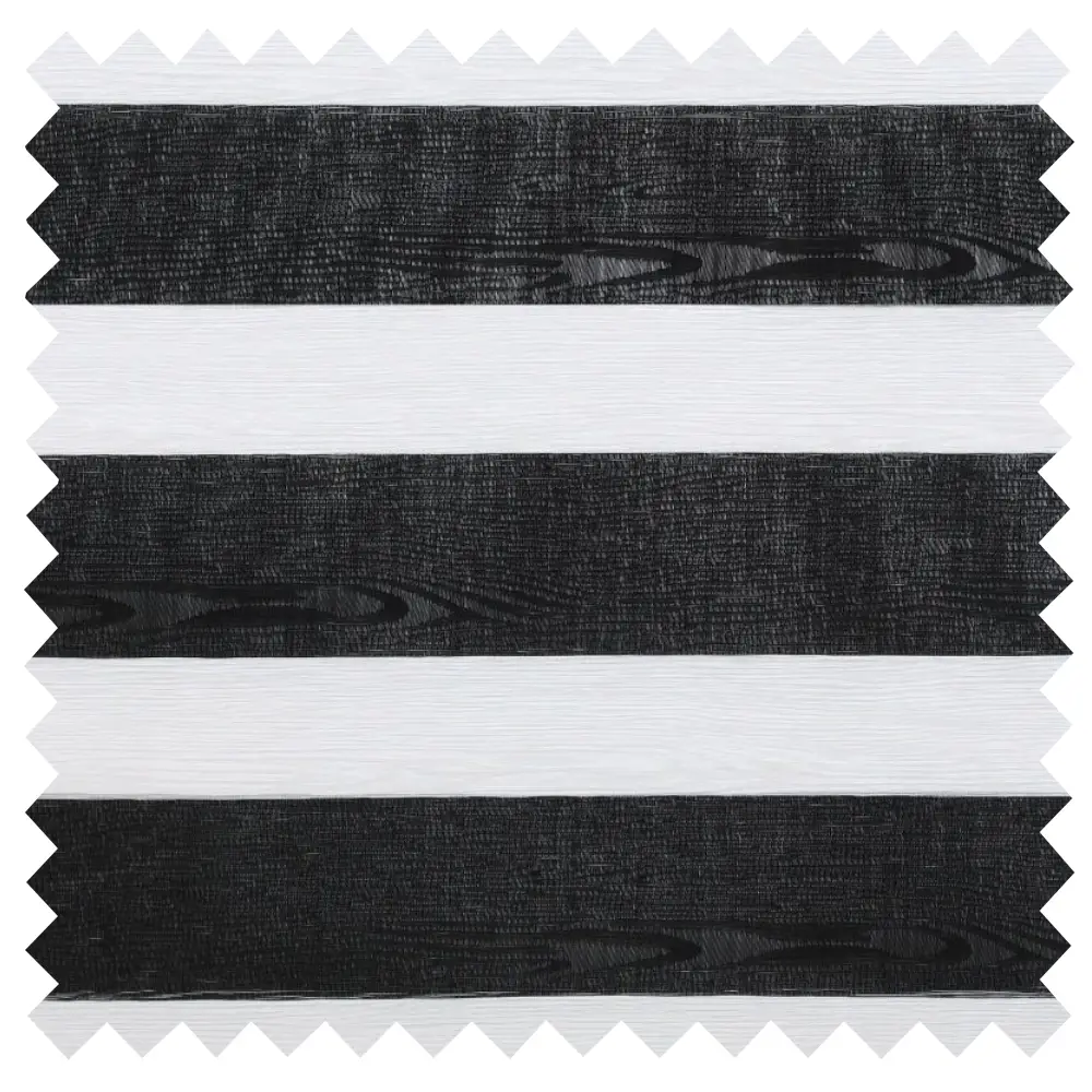Made to measure Vision Black Day and Night Blinds featuring premium wood-look fabric, elegant sheer voile bands and contemporary light control.