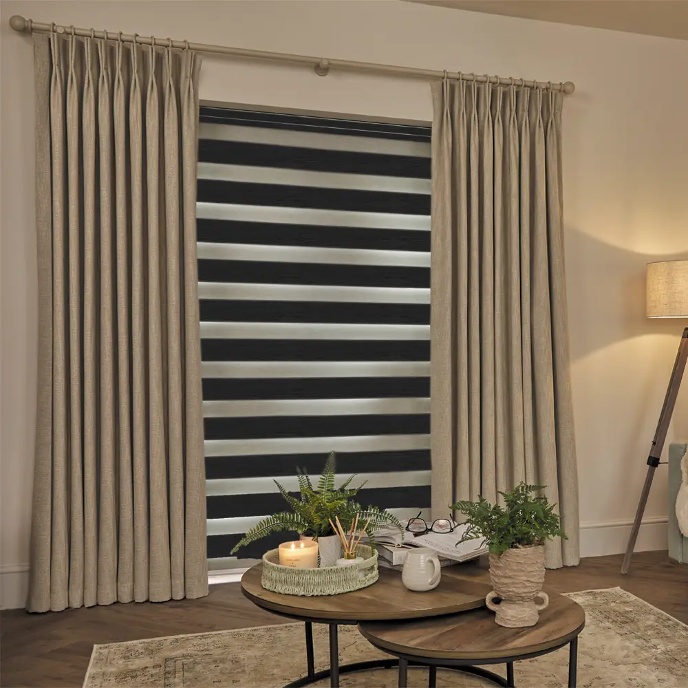 Made to measure Vision Black Day and Night Blinds with alternating wood-look and sheer fabric bands.
