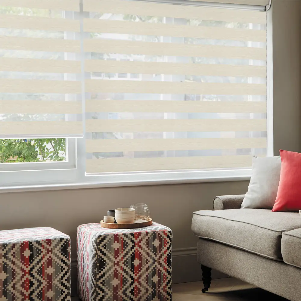 Vision Cream Day and Night Blinds in a contemporary living room with premium wood-look fabric styling.