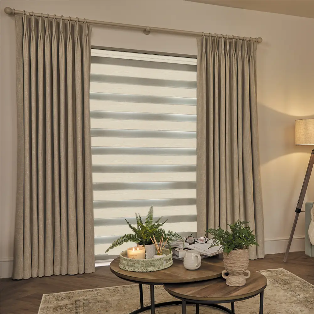 Made to measure Vision Cream Day and Night Blinds with alternating wood-look and sheer fabric bands.