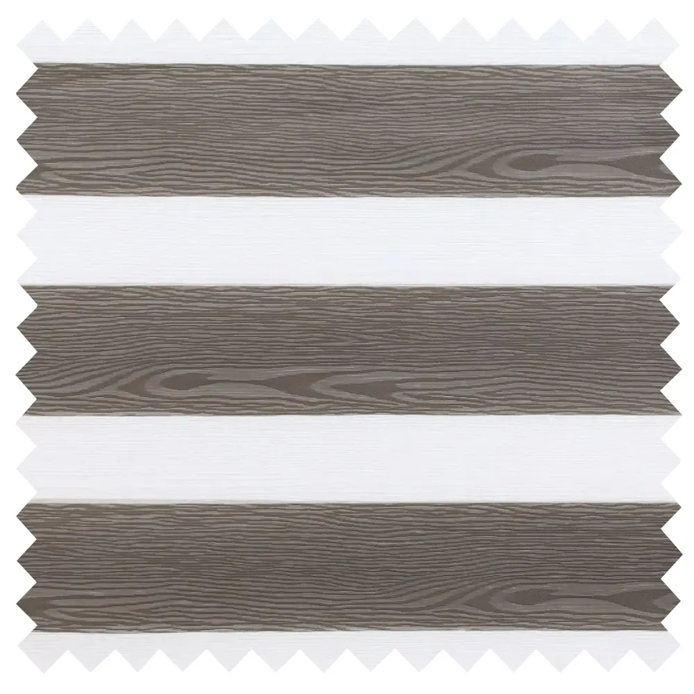 Made to measure Vision Taupe Day and Night Blinds featuring premium wood-look fabric, elegant sheer voile bands and contemporary light control.
