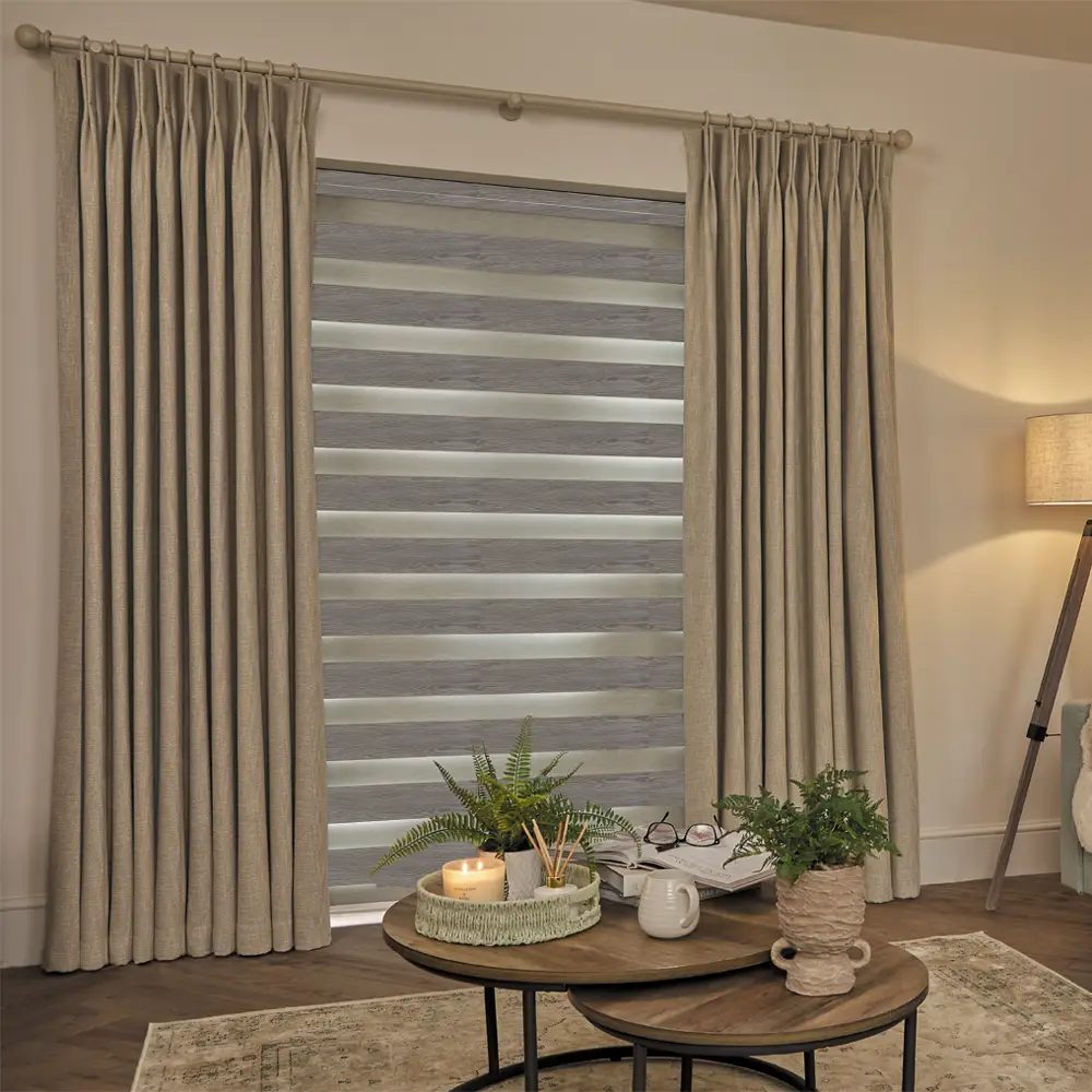 Made to measure Vision Taupe Day and Night Blinds with alternating wood-look and sheer fabric bands.