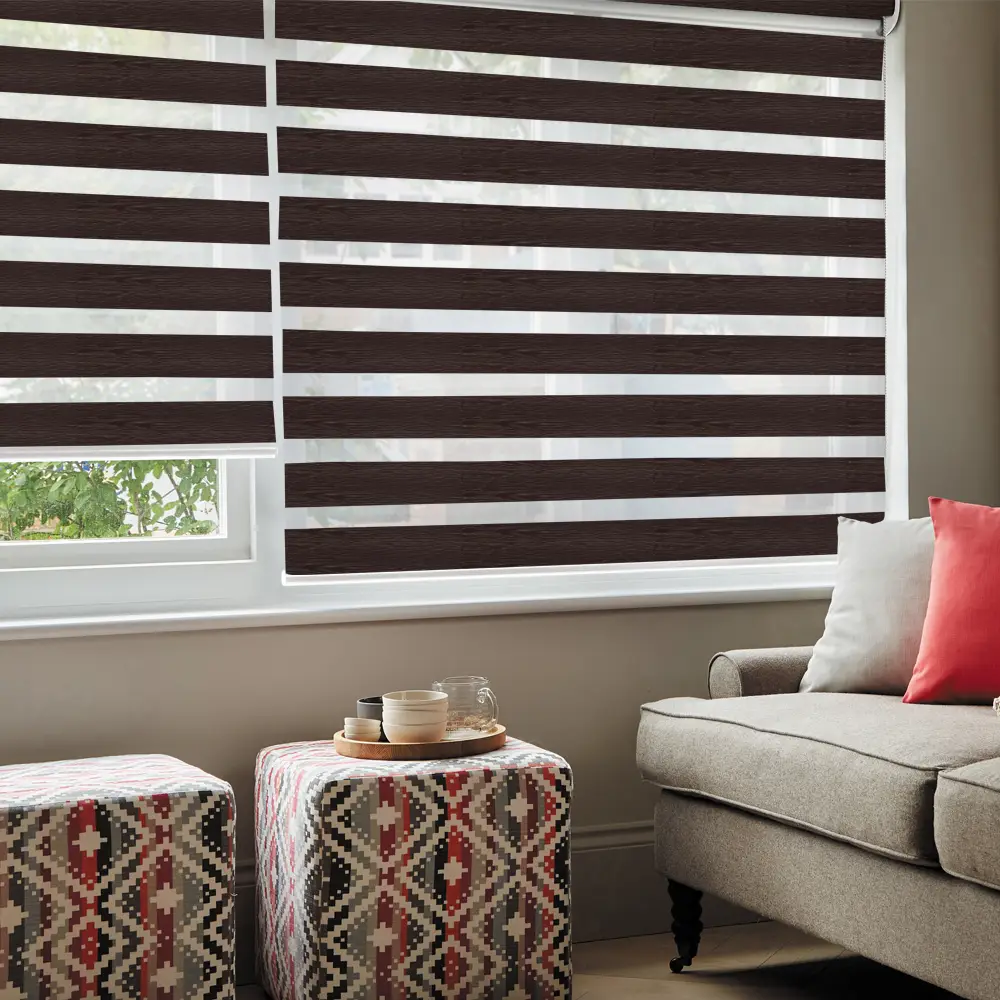 Vision Walnut Day and Night Blinds in a contemporary living room with premium wood-look fabric styling.