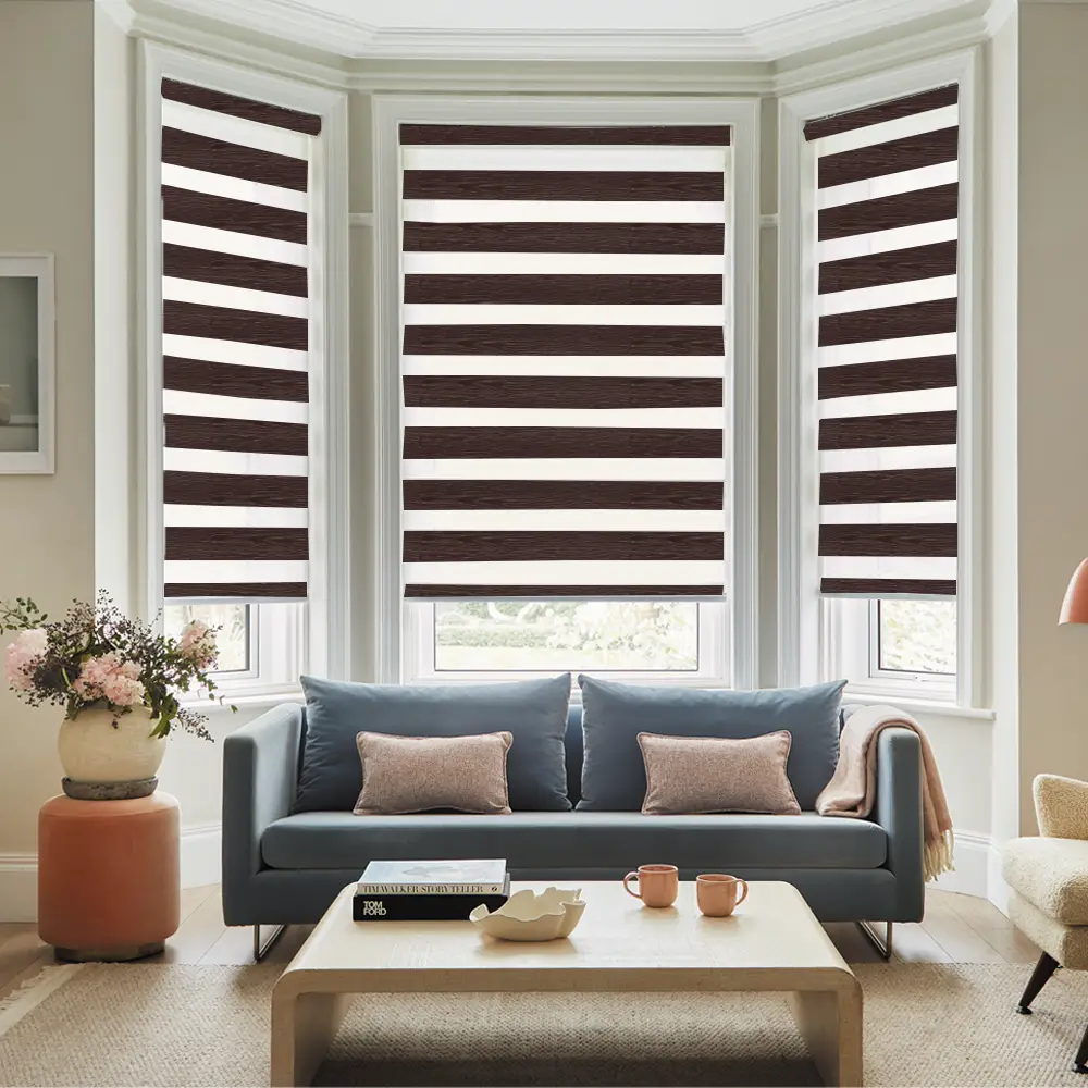 Vision Walnut Day and Night Roller Blinds fitted to a stylish residential window.