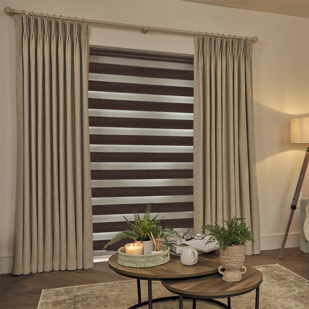 Made to measure Vision Walnut Day and Night Blinds with alternating wood-look and sheer fabric bands.