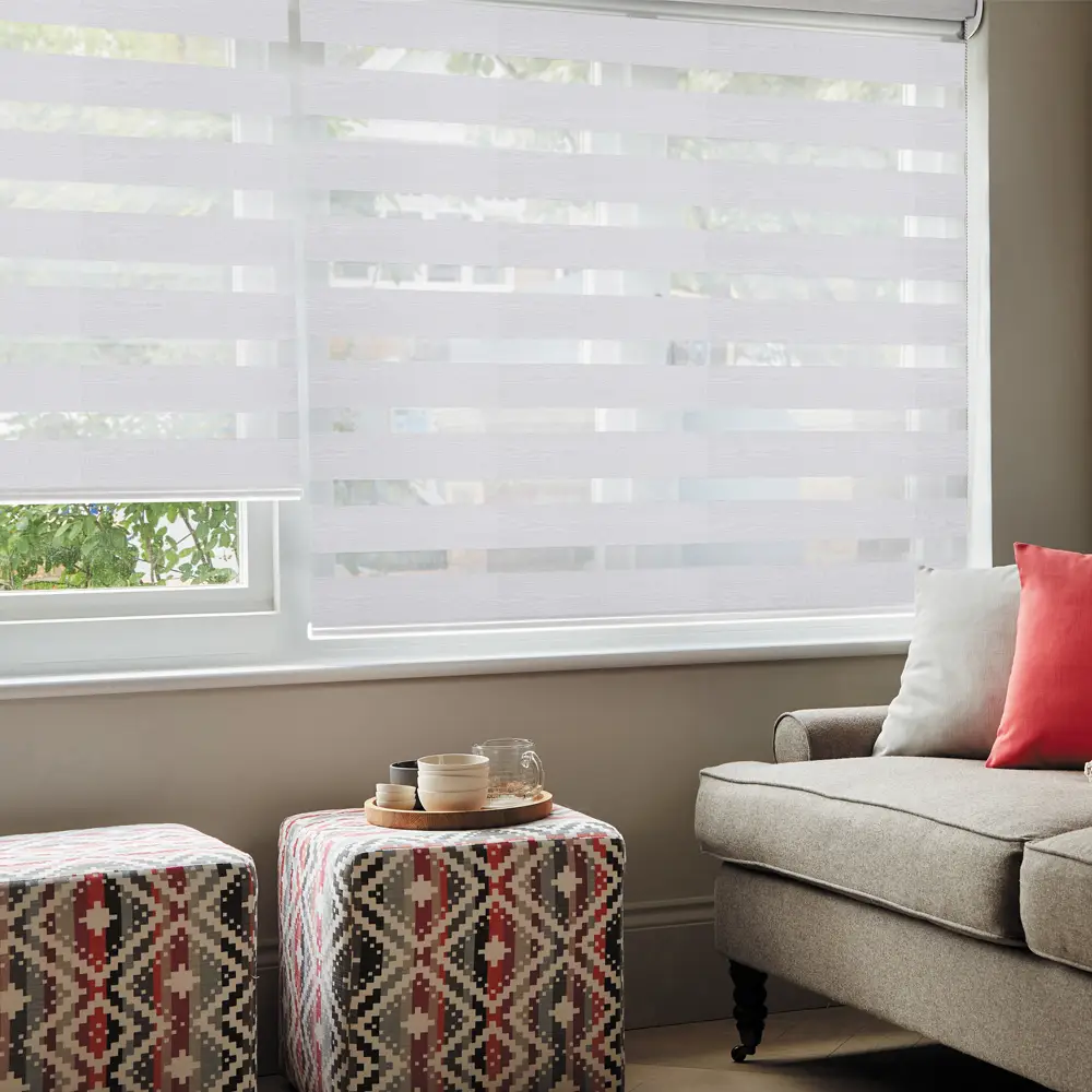 Vision White Day and Night Blinds in a bright contemporary living room with premium wood-look fabric.