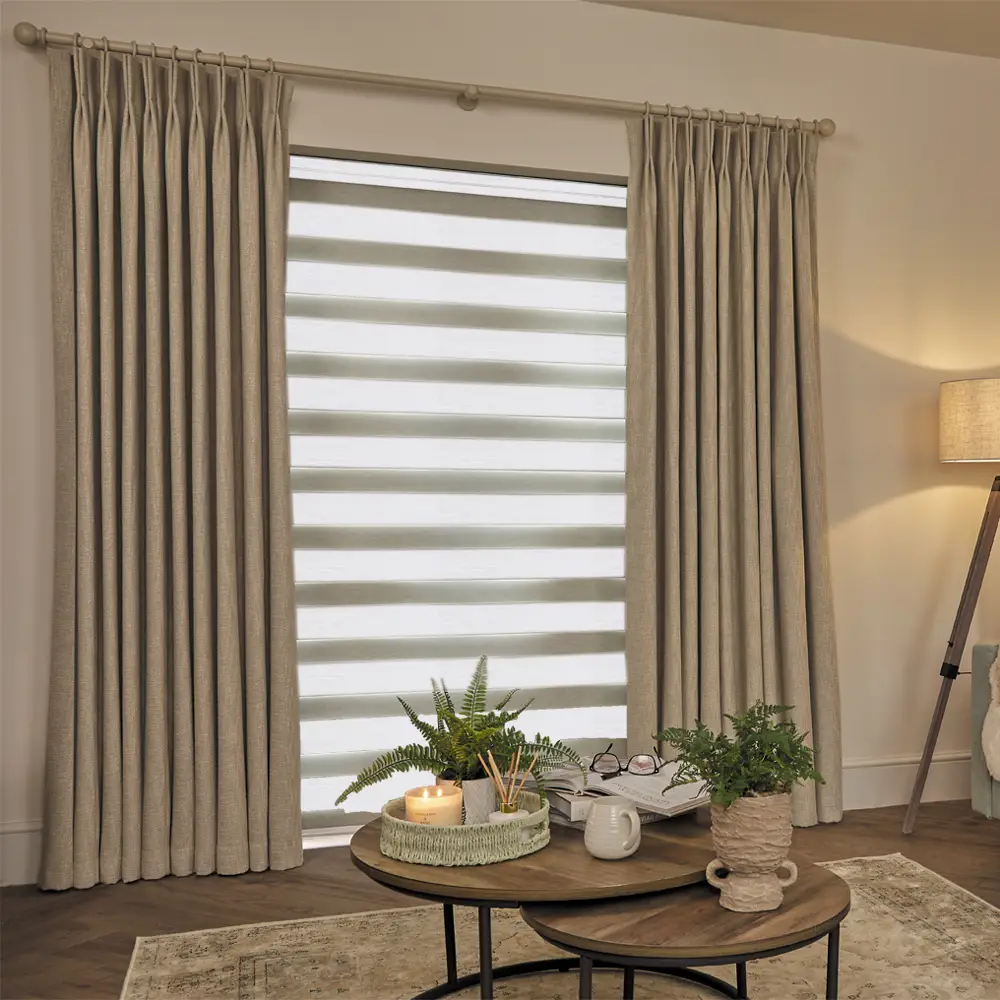 Made to measure Vision White Day and Night Blinds with alternating wood-look and sheer fabric bands.