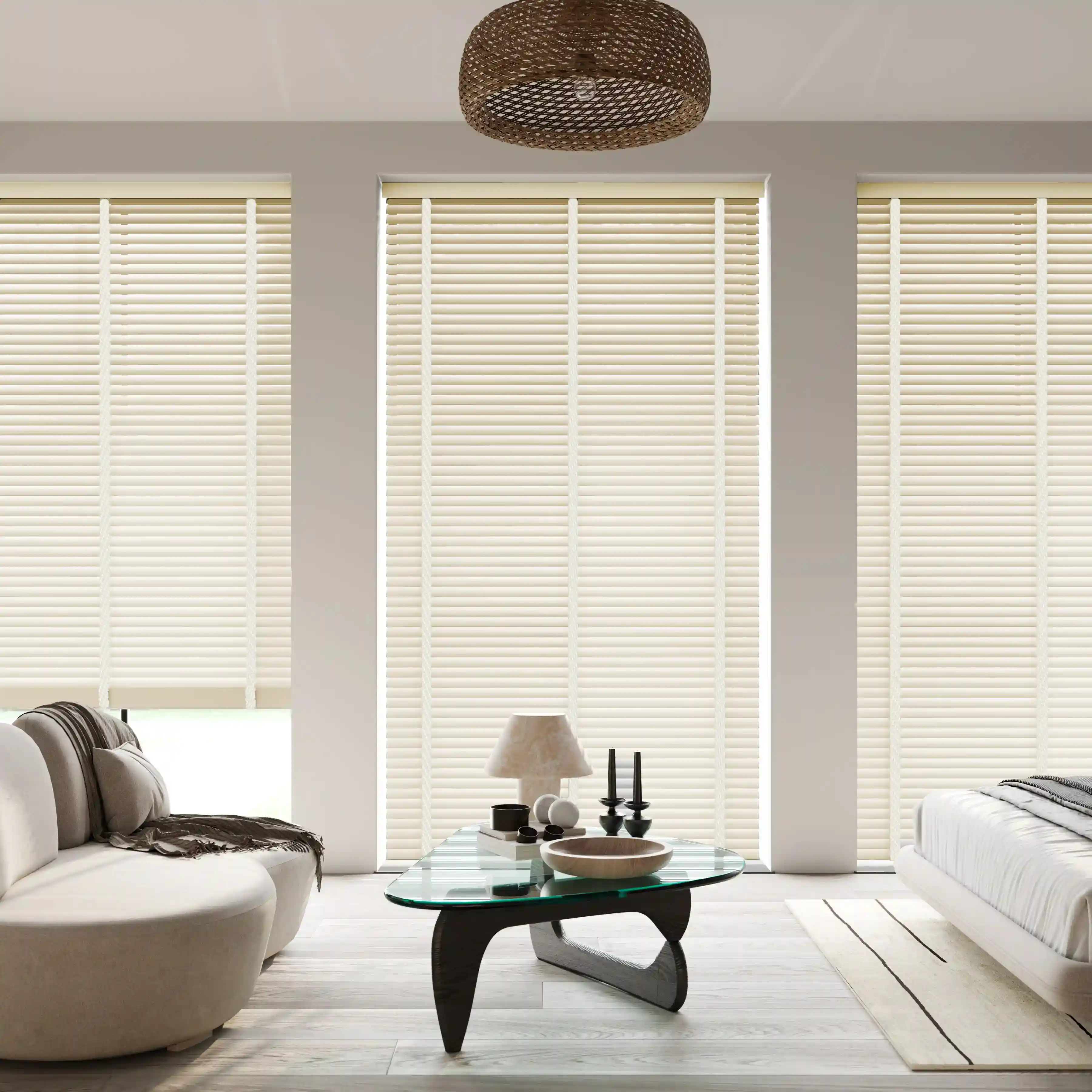 Sandstone Faux Wood Blinds for Light, Airy Interiors perfect for any home.